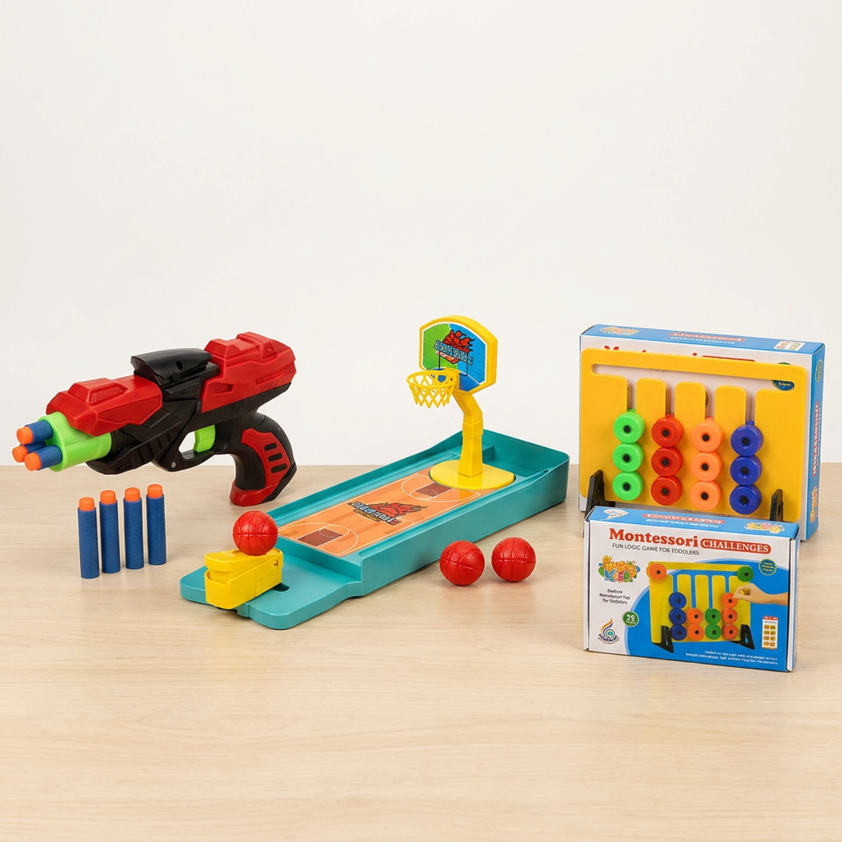 Kids Indoor Game Combo – Foam Dart Blaster, Mini Basketball Game & Counting Frame Set
